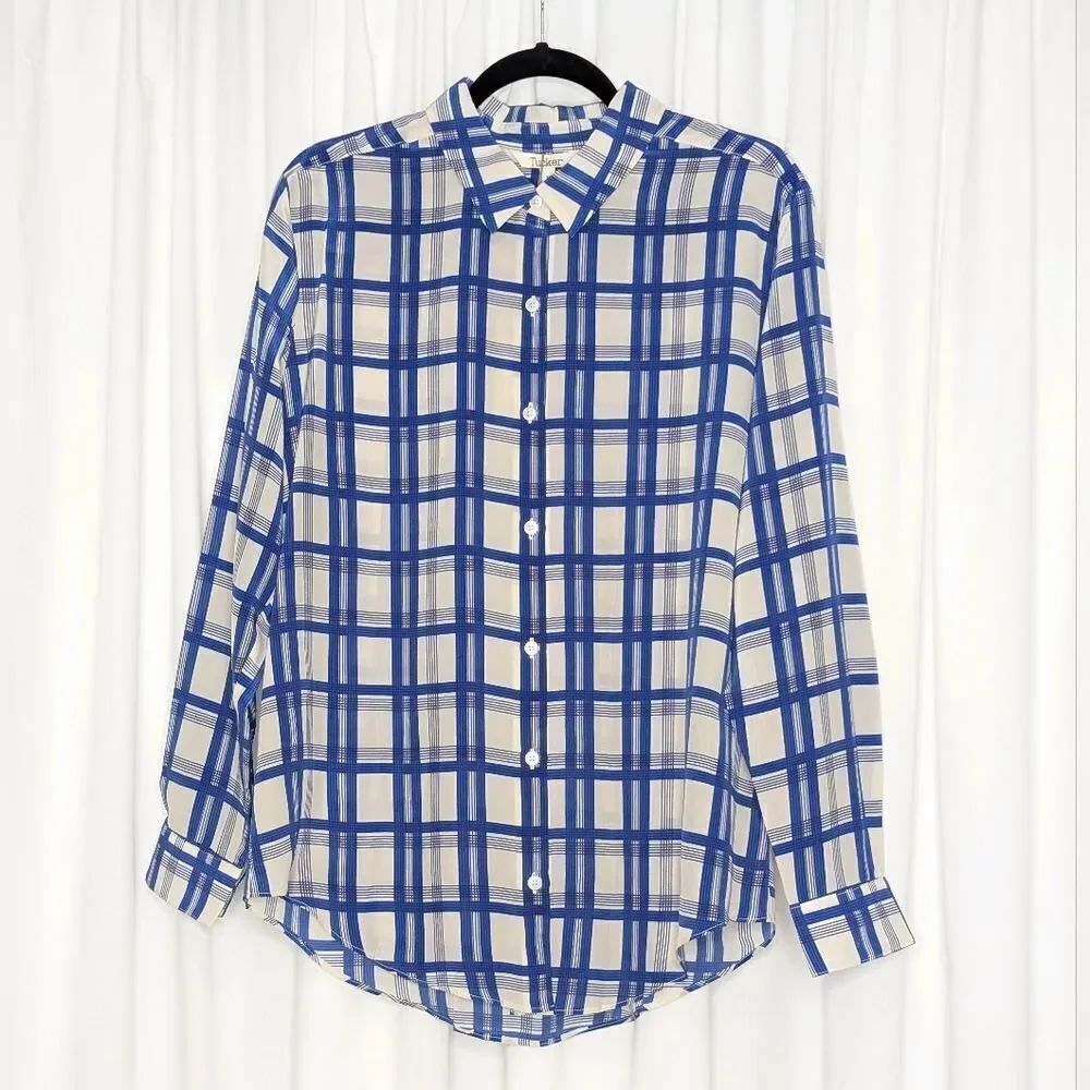 Tucker NYC Brooklyn Button Down Shirt Royal Plaid in Crepe de Chine Silk Top